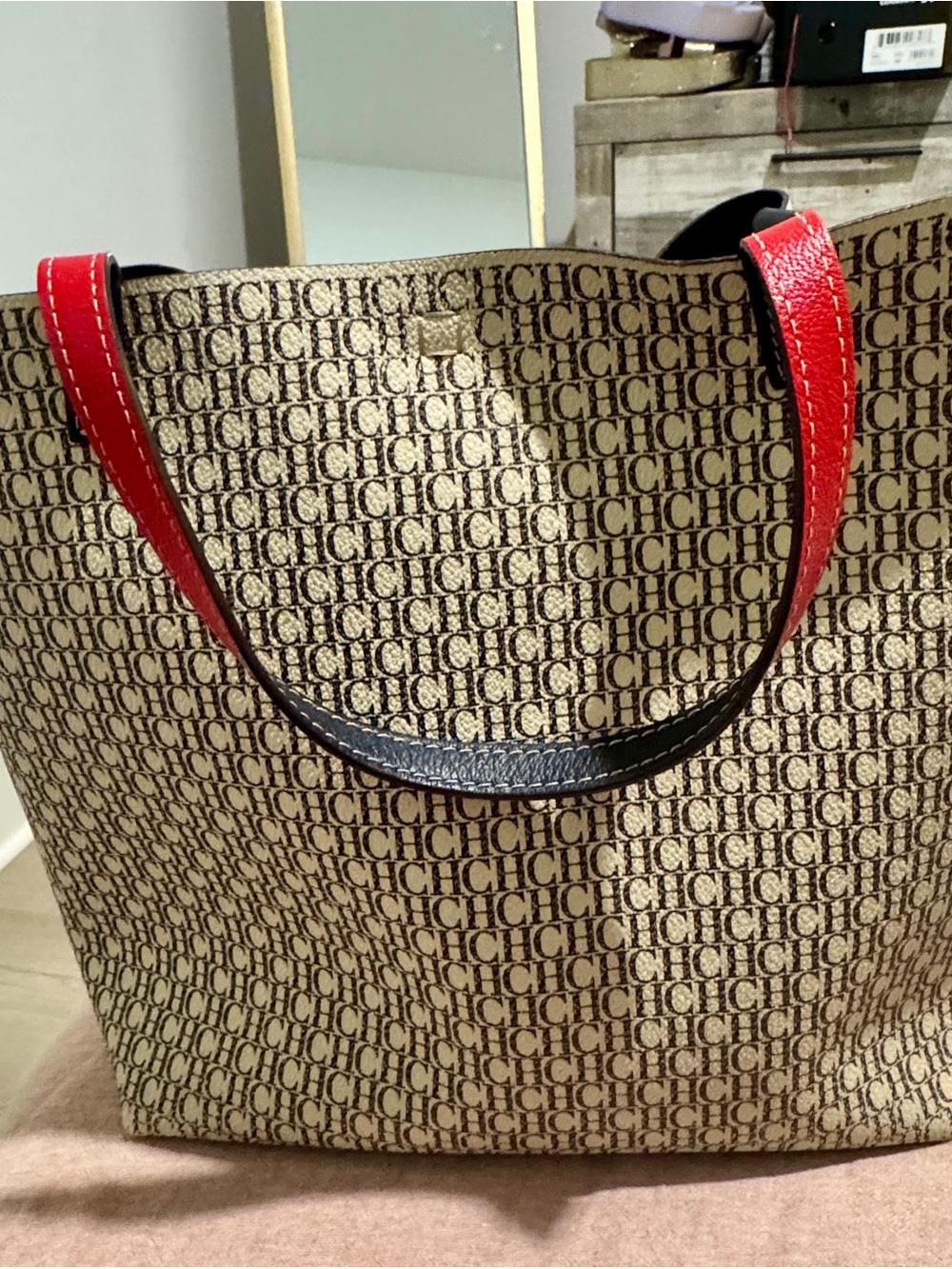 Carolina Herrera Beige Monogram Tote with Red Trim and Black Accents - Picture 3 of 7